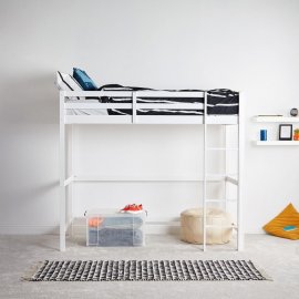 Pat 2-in-1 cu birou inferior pentru studiu si scara VonHaus 3000056, pentru o singura persoana, din lemn masiv de pin, 198x97x172cm, alb