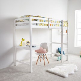 Pat 2-in-1 cu birou inferior pentru studiu si scara VonHaus 3000056, pentru o singura persoana, din lemn masiv de pin, 198x97x172cm, alb