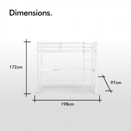 Pat 2-in-1 cu birou inferior pentru studiu si scara VonHaus 3000056, pentru o singura persoana, din lemn masiv de pin, 198x97x172cm, alb