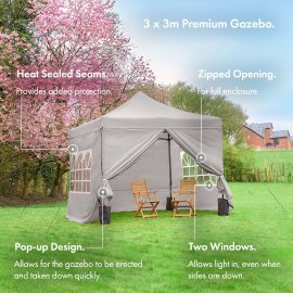 Pavilion pentru gradina VonHaus 2500972, pliabil, cadru din otel, copertina din poliester rezistenta la UV, impermeabila, cu 3 pereti,  3x3m, gri