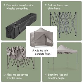 Pavilion pentru gradina VonHaus 2500972, pliabil, cadru din otel, copertina din poliester rezistenta la UV, impermeabila, cu 3 pereti,  3x3m, gri