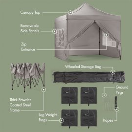 Pavilion pentru gradina VonHaus 2500972, pliabil, cadru din otel, copertina din poliester rezistenta la UV, impermeabila, cu 3 pereti,  3x3m, gri