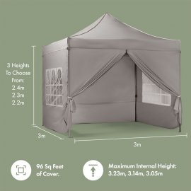 Pavilion pentru gradina VonHaus 2500972, pliabil, cadru din otel, copertina din poliester rezistenta la UV, impermeabila, cu 3 pereti,  3x3m, gri