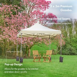 Pavilion pentru gradina VonHaus 2501005, pliabil, cadru din otel, copertina din poliester rezistenta la UV, impermeabila, 3x3m, bej