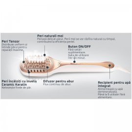 Perie de par reparatoare cu abur Rowenta Hair Therapist™ CF9920F0, 165 W, tehnologie Thermal Care, invelis Keratin, oprire automata, afisaj LED, alb