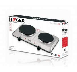 Plita Electrica cu 2 Arzatoare HAEGER Double DISC Inox 2250W, Diametre Ochiuri 18cm si 15cm, Neicorporabila, Utilizare Pe Blat, Termostat 5 Trepte, Siguranta Termica, HP-02S.015A 