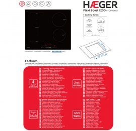 Plita Incorporabila cu Inductie cu 4 Zone de Gatit HAEGER IH-004.001A, Functie Bridge Flexi Zone si Slider, 7.2KW, 9 Trepte Putere, Touch Control, Booster, Vitroceramica, 2 Zone Flexibile