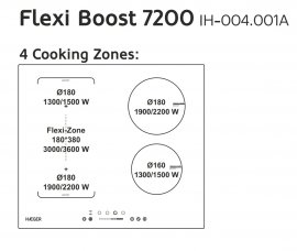 Plita Incorporabila cu Inductie cu 4 Zone de Gatit HAEGER IH-004.001A, Functie Bridge Flexi Zone si Slider, 7.2KW, 9 Trepte Putere, Touch Control, Booster, Vitroceramica, 2 Zone Flexibile