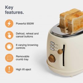 Prajitor de paine Cream&Wood VonShef 2000174, 2 felii, putere 850W, 6 niveluri de rumenire, functie dezghetare, tava de firimituri detasabila,crem