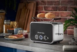 Prajitor de paine Russell Hobbs Distinctions Black 26430, 1600 W, Fante late, 6 setari, 3 functii, Negru/Inox