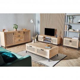 Raft pentru carti VonHaus 3000326, cu 3 rafturi pt depozitare si 2 usi, din MDF, cu aspect de ratan, cadru si manere din metal, maro