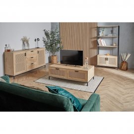 Raft pentru carti VonHaus 3000326, cu 3 rafturi pt depozitare si 2 usi, din MDF, cu aspect de ratan, cadru si manere din metal, maro