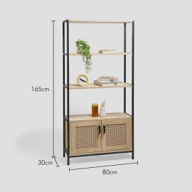 Raft pentru carti VonHaus 3000326, cu 3 rafturi pt depozitare si 2 usi, din MDF, cu aspect de ratan, cadru si manere din metal, maro