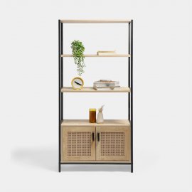Raft pentru carti VonHaus 3000326, cu 3 rafturi pt depozitare si 2 usi, din MDF, cu aspect de ratan, cadru si manere din metal, maro