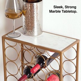 Raft pentru sticle de vin cu blat de marmura alba VonShef 1000364, capacitate 24 sticle, cadru din metal auriu, H75 cm