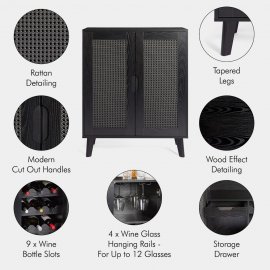 Bar pentru sticlele de vin, cu 2 usi Spinningfield 3000790, din MDF cu aspect de lemn negru si ratan, capacitate de 12 sticle si 12 pahare, negru