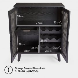 Bar pentru sticlele de vin, cu 2 usi Spinningfield 3000790, din MDF cu aspect de lemn negru si ratan, capacitate de 12 sticle si 12 pahare, negru