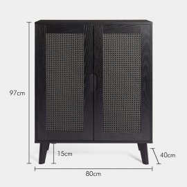 Bar pentru sticlele de vin, cu 2 usi Spinningfield 3000790, din MDF cu aspect de lemn negru si ratan, capacitate de 12 sticle si 12 pahare, negru