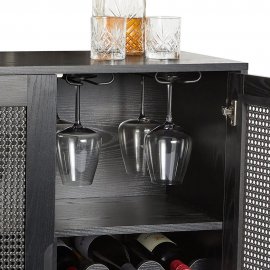 Bar pentru sticlele de vin, cu 2 usi Spinningfield 3000790, din MDF cu aspect de lemn negru si ratan, capacitate de 12 sticle si 12 pahare, negru