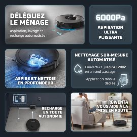 Robot de aspirare Rowenta X-Plorer Serie 85 RR87C5WH, aspirator si mop, putere 6000 Pa, 270 min, 4 trepte, capacitate 0.26L, sistem Smart Aqua Power, negru