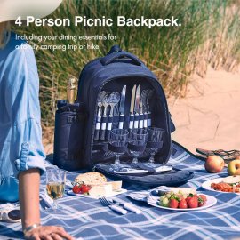 Rucsac picnic termoizolant si impermeabil pentru 4 persoane VonShef 1000027, Navy, Complet Echipat cu Accesorii, pahare, farfurii, tacamuri si patura de picnic inclusa