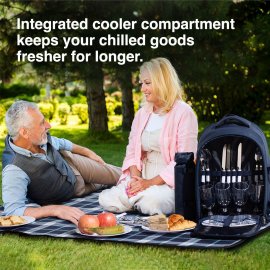 Rucsac picnic termoizolant si impermeabil pentru 4 persoane VonShef 1000027, Navy, Complet Echipat cu Accesorii, pahare, farfurii, tacamuri si patura de picnic inclusa
