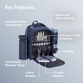 Rucsac picnic termoizolant si impermeabil pentru 4 persoane VonShef 1000027, Navy, Complet Echipat cu Accesorii, pahare, farfurii, tacamuri si patura de picnic inclusa