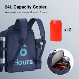 Rucsac picnic termoizolant si impermeabil pentru 4 persoane VonShef 1000027, Navy, Complet Echipat cu Accesorii, pahare, farfurii, tacamuri si patura de picnic inclusa