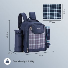 Rucsac picnic termoizolant si impermeabil pentru 4 persoane VonShef 1000027, Navy, Complet Echipat cu Accesorii, pahare, farfurii, tacamuri si patura de picnic inclusa