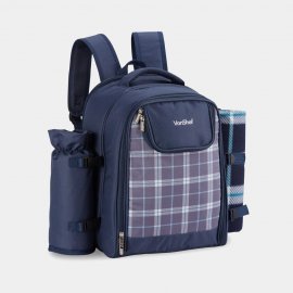Rucsac picnic termoizolant si impermeabil pentru 4 persoane VonShef 1000027, Navy, Complet Echipat cu Accesorii, pahare, farfurii, tacamuri si patura de picnic inclusa