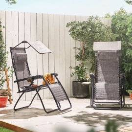 Scaun de gradina pliabil, cu copertina VonHaus 2500165, cadru din otel, material textil Oxford 600D gri, capacitate maxima 110kg