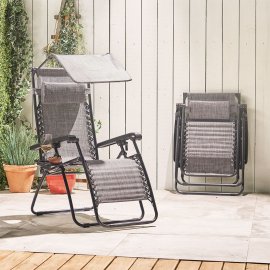 Scaun de gradina pliabil, cu copertina VonHaus 2500165, cadru din otel, material textil Oxford 600D gri, capacitate maxima 110kg