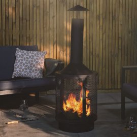 Semineu pentru exterior, cu carbuni/lemne VonHaus 2500652, din otel negru, cu gratar inclus, cu vatrai, 130x51cm