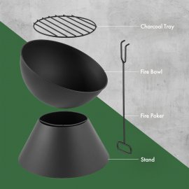 Vatra de Foc / Semineu rotund pentru exterior, cu margine inclinata VonHaus 2500944, din otel, pe carbune sau lemne, 54x51cm, vatrai Inclus, negru