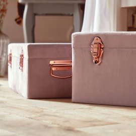Set 2 cufere de depozitare, din catifea roz, cu inchizatoare si manere laterale rose gold Beautify 4000102