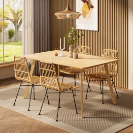 Set 2 scaune pt dining VonHaus 3000195.1, in stil boho, cu aspect de ratan, cadru din otel negru, capacitate maxima 110 kg