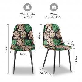 Set 2 scaune pt dining VonHaus 3000862, din poliester captusit, cu model tropical, picioare din metal negru, capacitate maxima 130kg