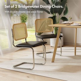 Set 2 scaune pt dining VonHaus 3000863, spatar din ratan, sezut din piele PU si cadru metalic argintiu, capacitate maxima 110 kg