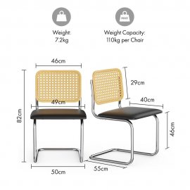 Set 2 scaune pt dining VonHaus 3000863, spatar din ratan, sezut din piele PU si cadru metalic argintiu, capacitate maxima 110 kg