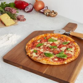 Set 3 accesorii de pizza Vonshef 1000178/ 1000339, piatra din ceramica pentru gatire, suport acacia din lemn si taietor 