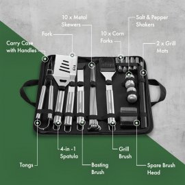 Set 30 ustensile pentru gratar si geanta depozitare VonHaus 1500133, ustensile din otel inoxidabil