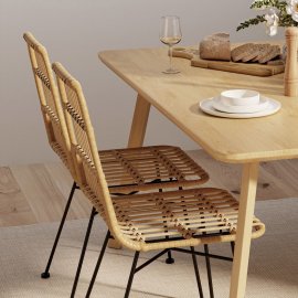 Set 4 scaune pt dining VonHaus 3000922, in stil boho, cu aspect de ratan, cadru din otel negru, capacitate maxima 110 kg