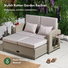 Set canapea de gradina cu 4 configuratii VonHaus 2500973, cu masute laterale pliabile, cu aspect de ratan, picioruse anti-alunecare, maro