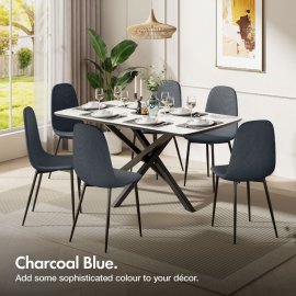 Set Cavell de 2 scaune pt dining VonHaus 3000859, din poliester moale, raiat, picioare din metal negru, capacitate maxima 130 kg, albastru carbune