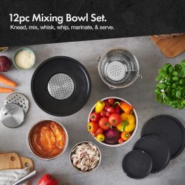 Set de boluri din inox, 12 piese VonShef 1500126, 4 boluri de amestecat, 3 capace, o sita, 3 accesorii de razuire si feliere