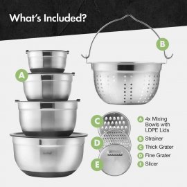 Set de boluri din inox, 12 piese VonShef 1500126, 4 boluri de amestecat, 3 capace, o sita, 3 accesorii de razuire si feliere