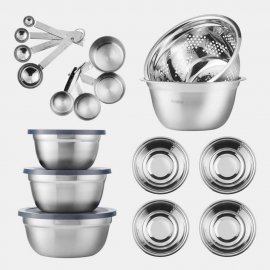 Set de boluri din inox,20 piese VonShef 1500125, 3 boluri cu capac, un bol mare de amestecat, 4 boluri mici, sita, 4 cupe si 4 linguri de masurare