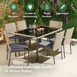 Set de exterior cu masa si 6 scaune VonHaus 2500974, cu aspect de ratan, din polietilena, blat din sticla temperata, capacitate maxima 150 kg