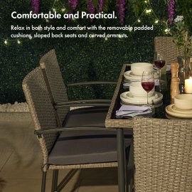 Set de exterior cu masa si 6 scaune VonHaus 2500974, cu aspect de ratan, din polietilena, blat din sticla temperata, capacitate maxima 150 kg