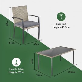 Set de exterior cu masa si 6 scaune VonHaus 2500974, cu aspect de ratan, din polietilena, blat din sticla temperata, capacitate maxima 150 kg